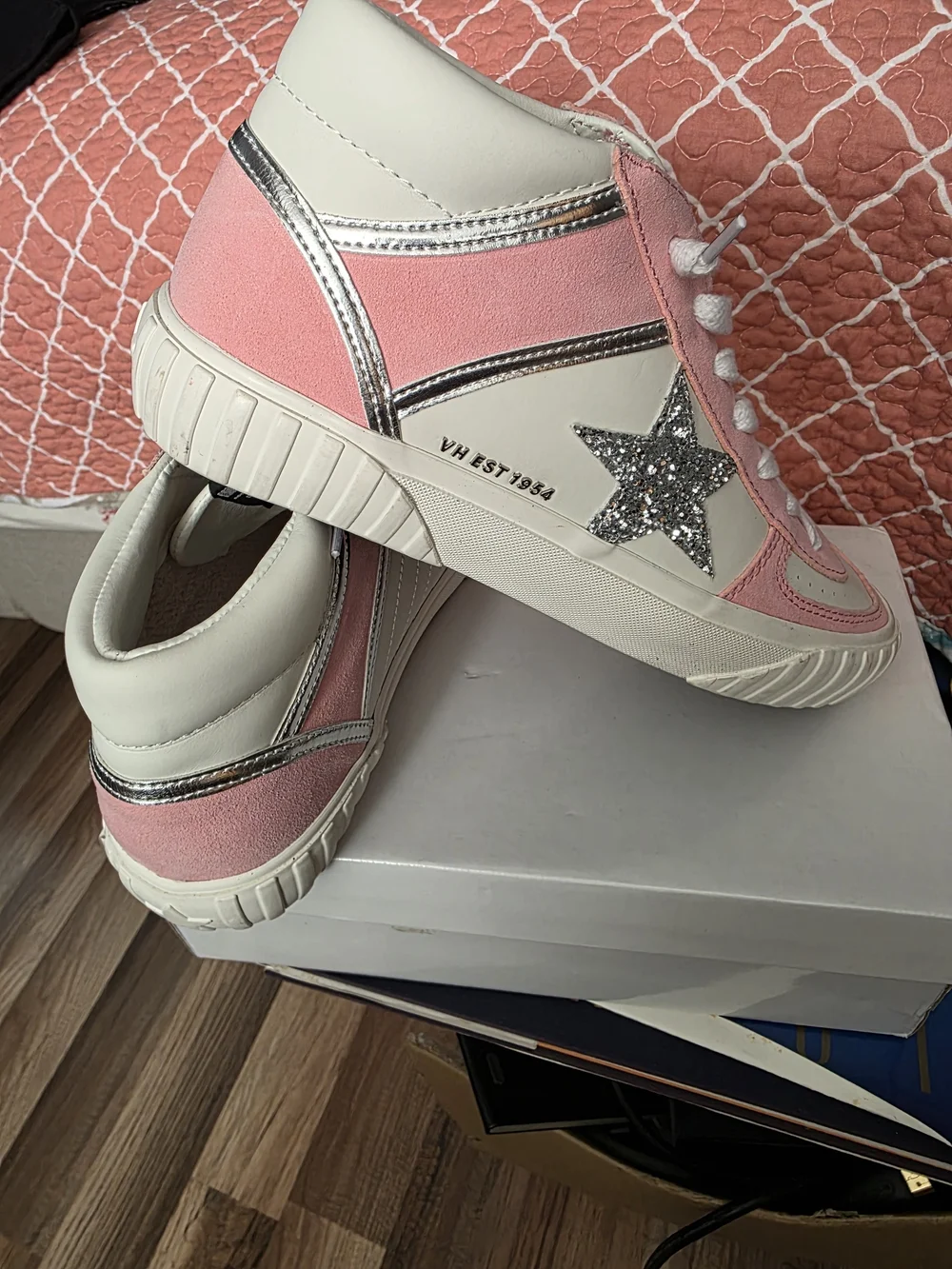 Vintage Havana Women’s Pink & White High-Top Sneakers with Silver Star Accent
